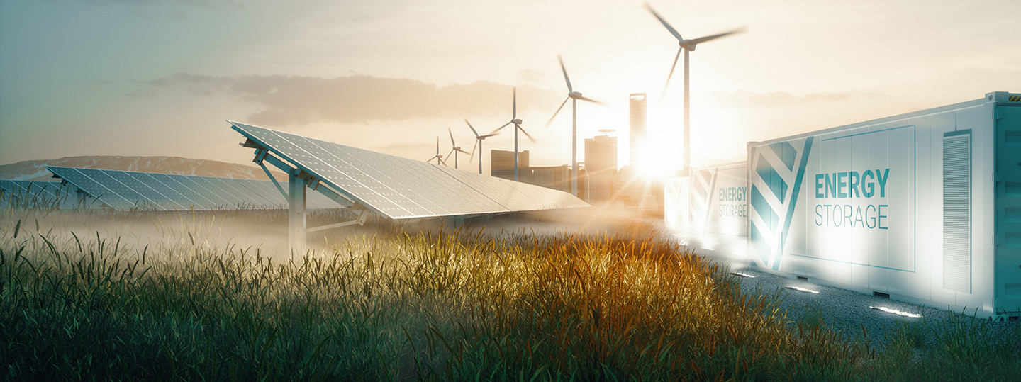 Erneuerbare Energien, Batteriespeicher, Windräder und Photovoltaik